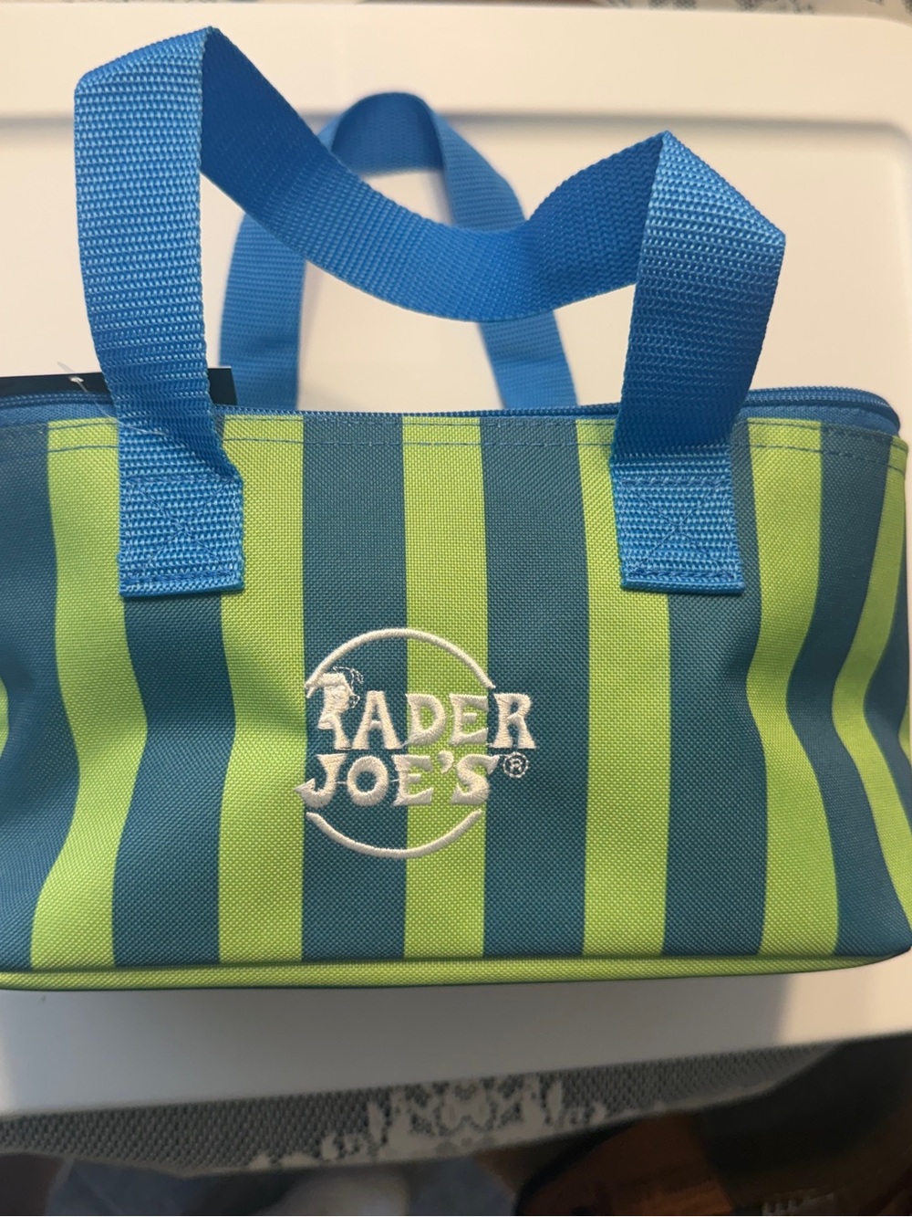 Trader Joe's Striped Lunch Insulated Blue & Green Striped Tote Bag NWT